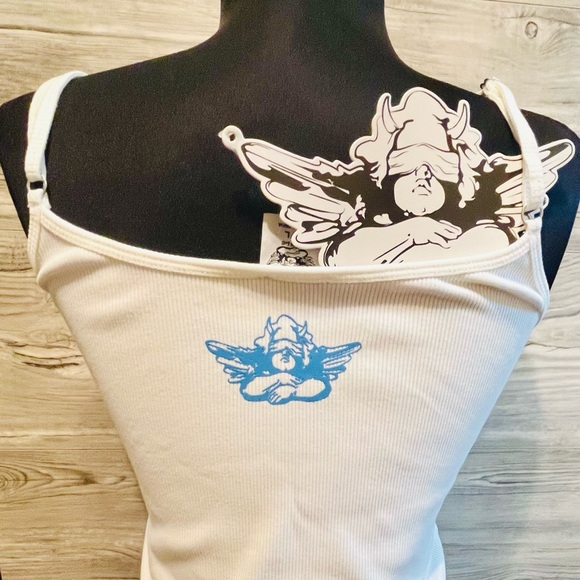 NWT Boys Lie White Ribbed Tank Top Size M/L Crop Top Rhinestone adjustable strap - Picture 7 of 14